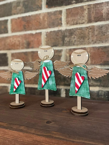Angels- Standing Set of 3 Green with Red/White Stripe Heart